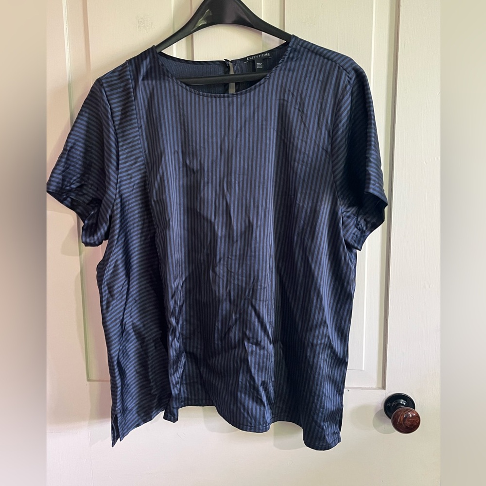 Eileen Fisher Navy Striped Short-Sleeve Silk Tee